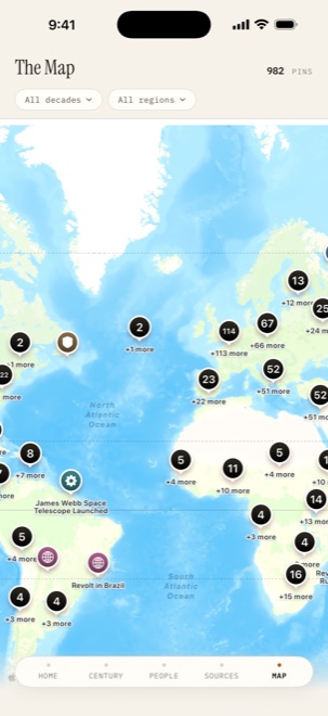 Events placed on a world map by year