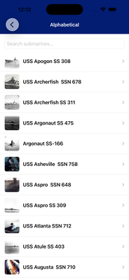 Submarines App - Alphabetical List