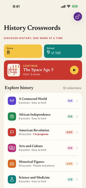 Home screen with score, progress, and the twelve collections