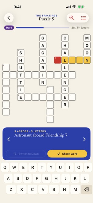A crossword in progress with the current clue