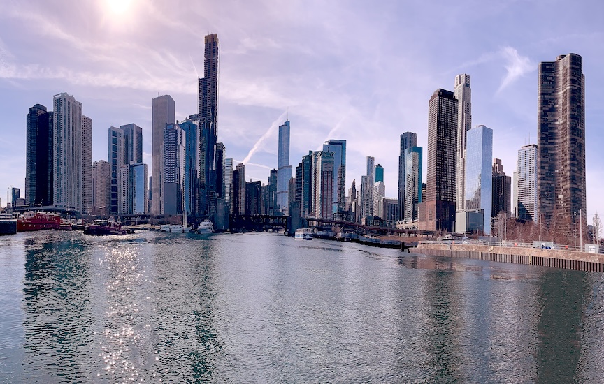 The Chicago skyline seen from the Chicago River on a clear winter afternoon