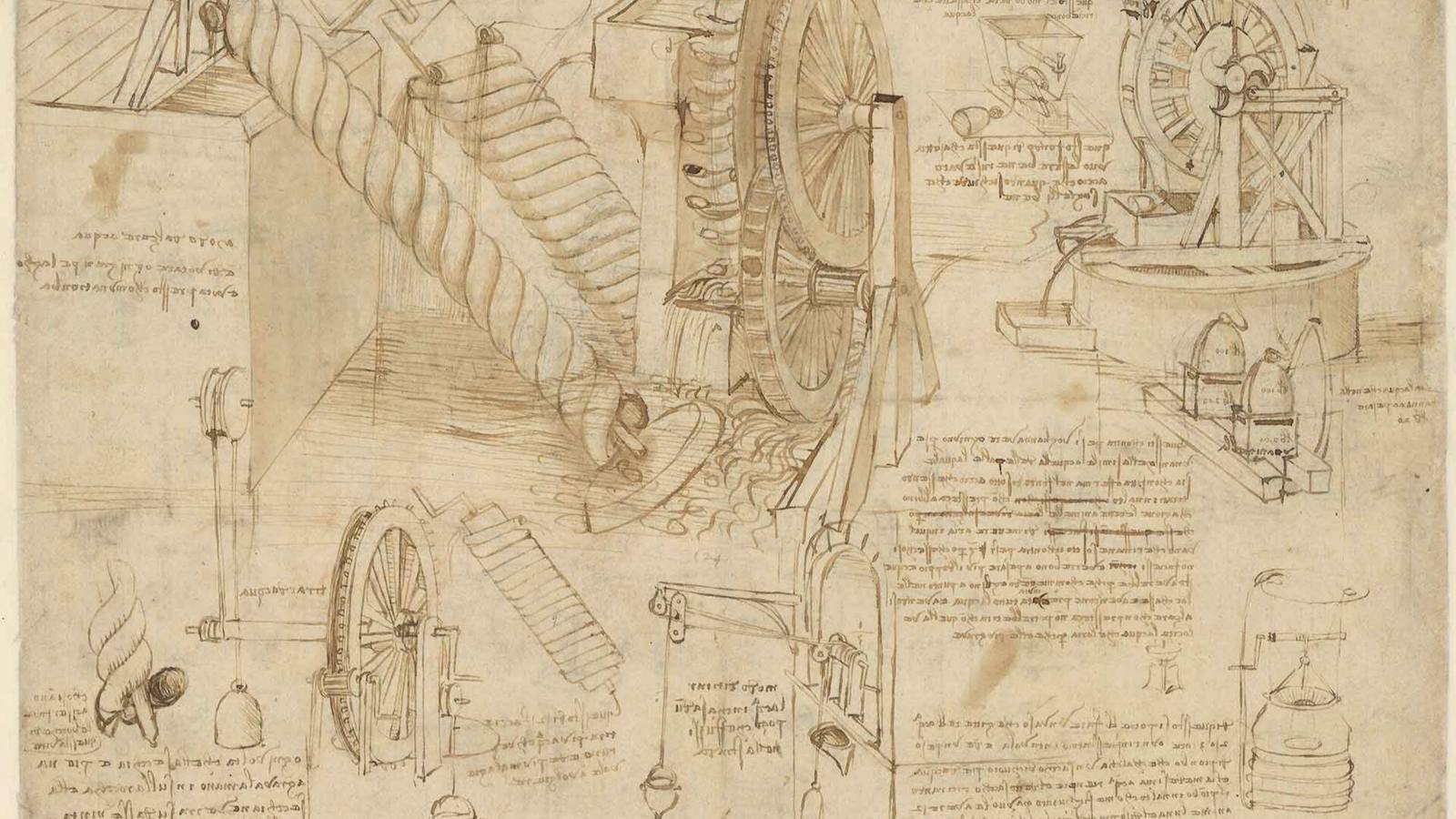 Leonardo da Vinci notebook drawing of Archimedes screws, water wheels and pumps for lifting water, from the Codex Atlanticus