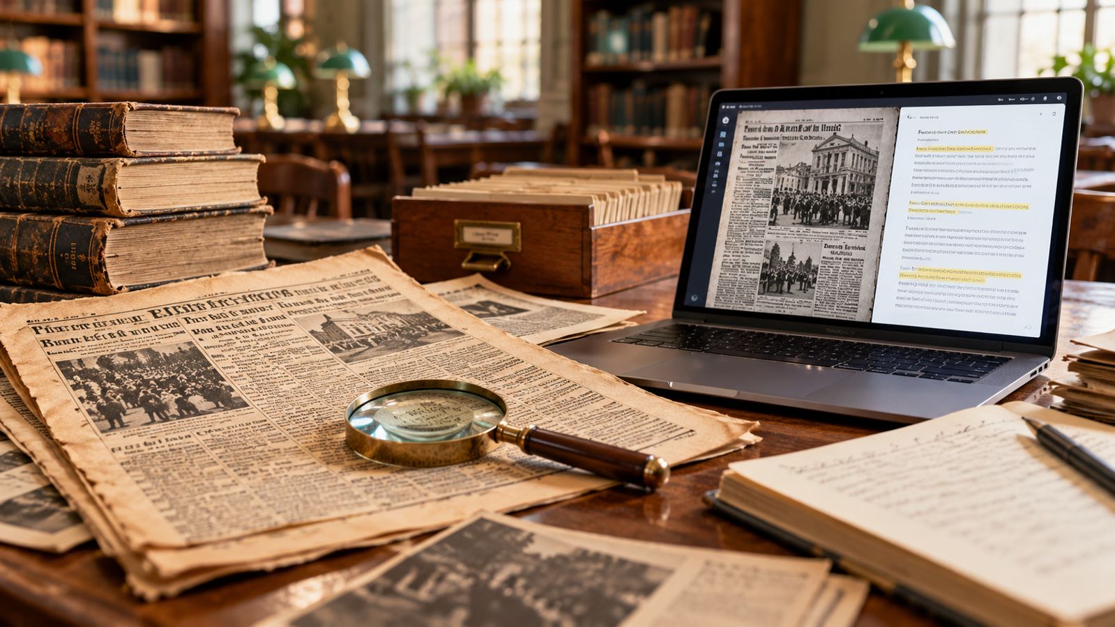 Old newspapers, a magnifying glass and leather-bound books on a library desk beside a laptop showing a scanned newspaper page converted to text