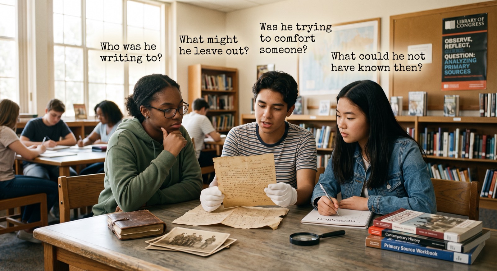 Illustration: three students examine a handwritten letter at a library table, with analysis questions floating overhead